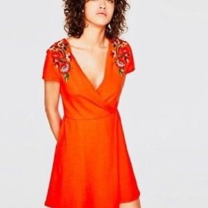 Zara Knit Embroidered Floral Faux Wrap Dress Coral